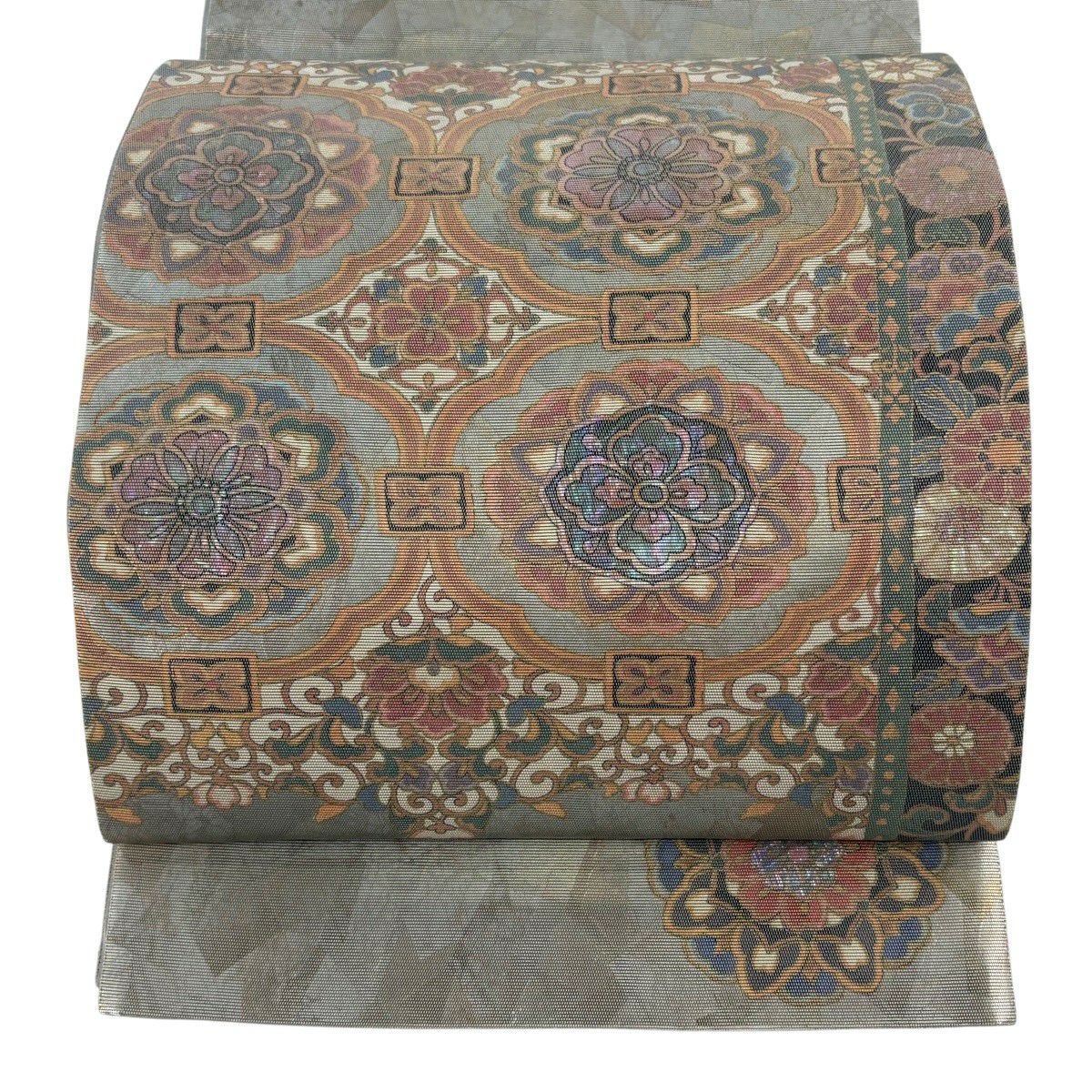 【美品】 袋帶 秀品級 關西仕立 華紋 草花紋紋 螺鈿金金箔 金金箔 灰 深藍色 正蠶絲