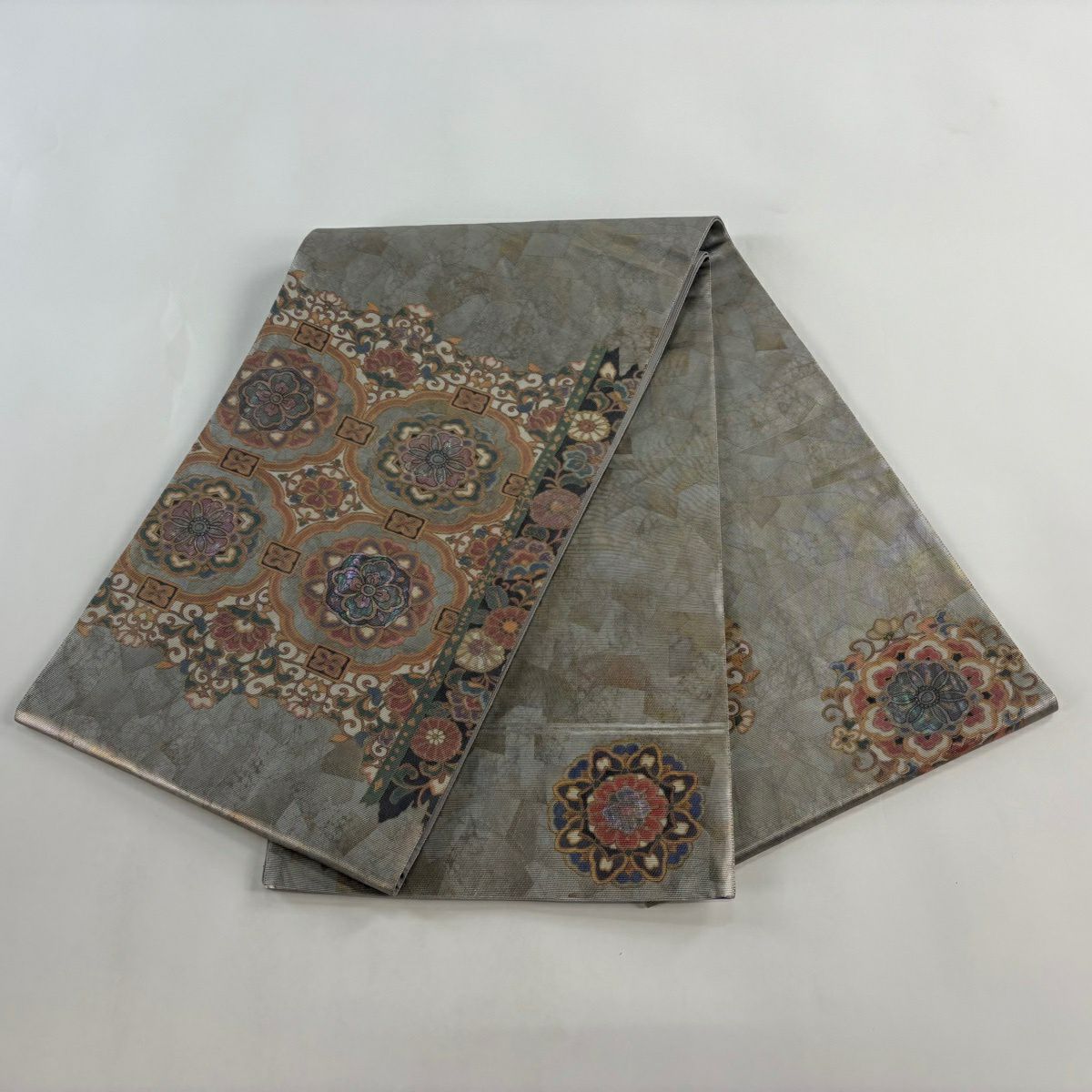 【美品】 袋帶 秀品級 關西仕立 華紋 草花紋紋 螺鈿金金箔 金金箔 灰 深藍色 正蠶絲