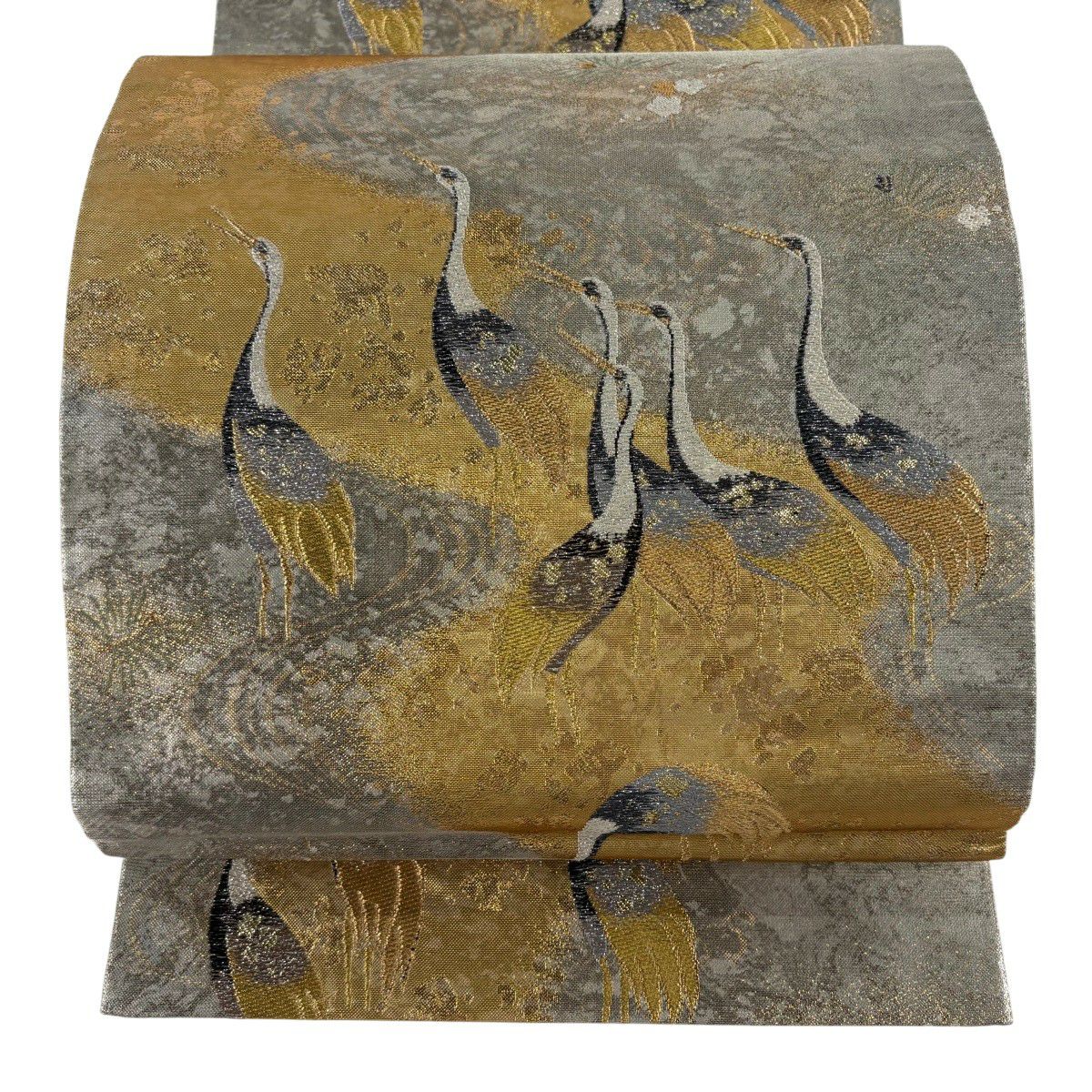 【美品】 袋帶 秀品級 流水蒔絵仙鶴紋 金糸 金金箔 銀 六通 純蠶絲