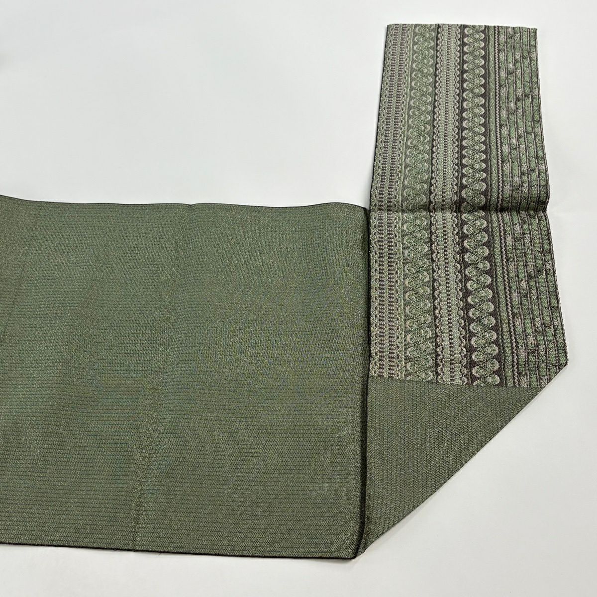 【美品】 名古屋帶 優品級 八寸名古屋帶 松樹葉仕立 雜紋 幾何圖案 金線 綠色 純蠶絲