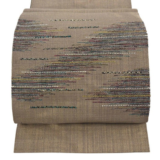 【美品】 名古屋帶 優品級 八寸名古屋帶 松樹葉仕立 雜色仕立 幾何圖案 金線 淺茶 純蠶絲