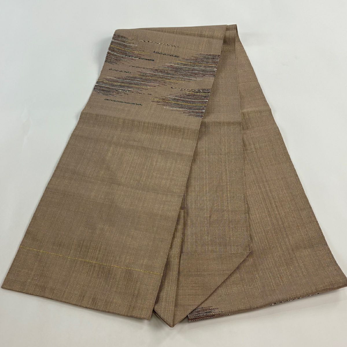 【美品】 名古屋帶 優品級 八寸名古屋帶 松樹葉仕立 雜色仕立 幾何圖案 金線 淺茶 純蠶絲