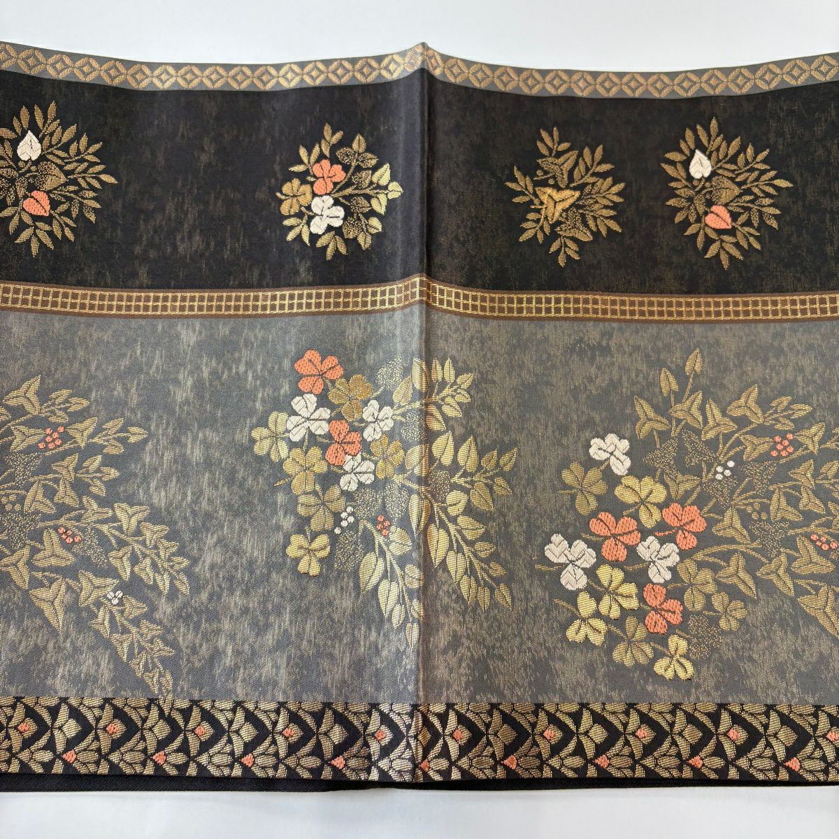 【美品】 袋帶 秀品級 葉與果 金金箔 灰 深藍 六通 純蠶絲