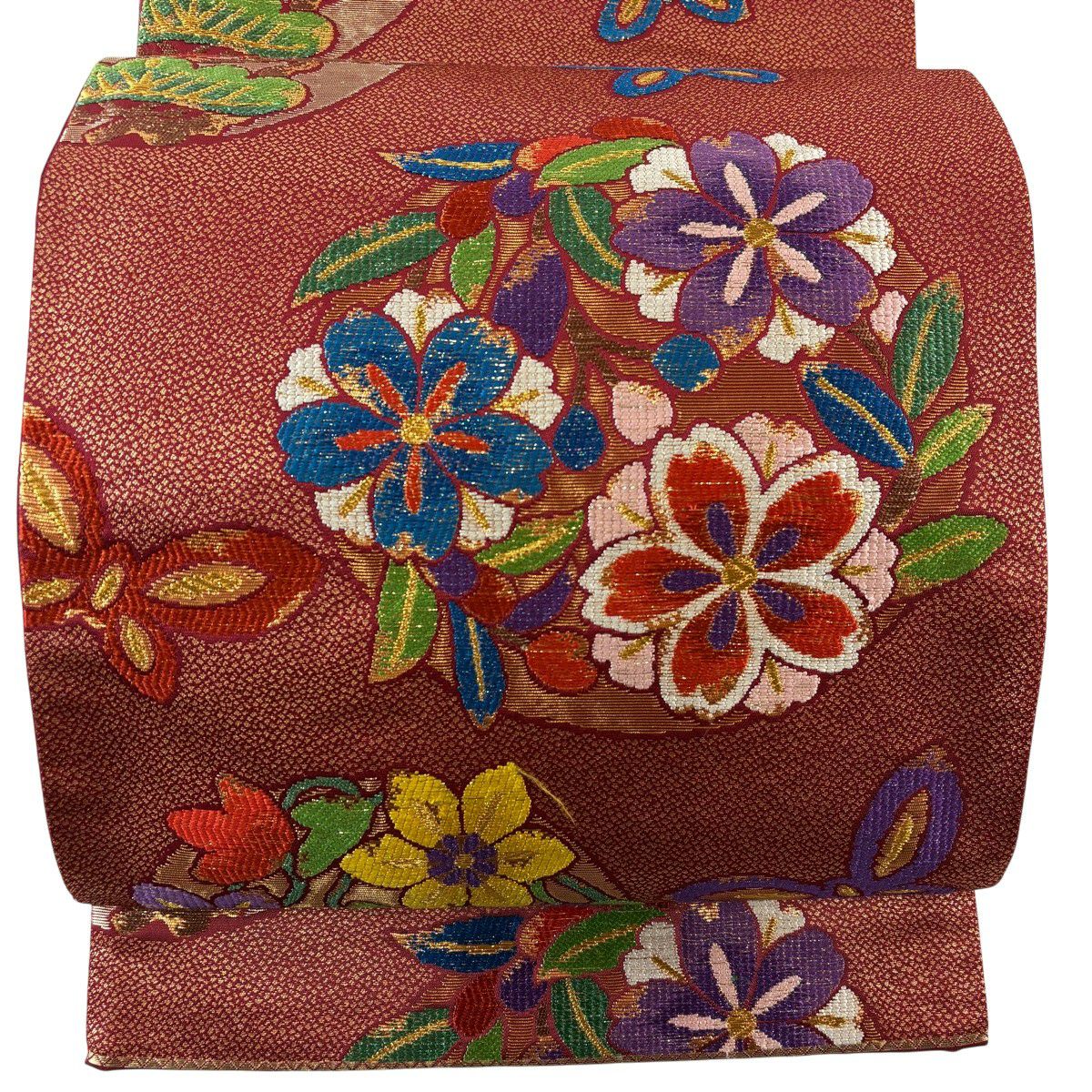 【美品】 袋帶 秀品級 花丸紋 金金箔 紅 六通 純蠶絲