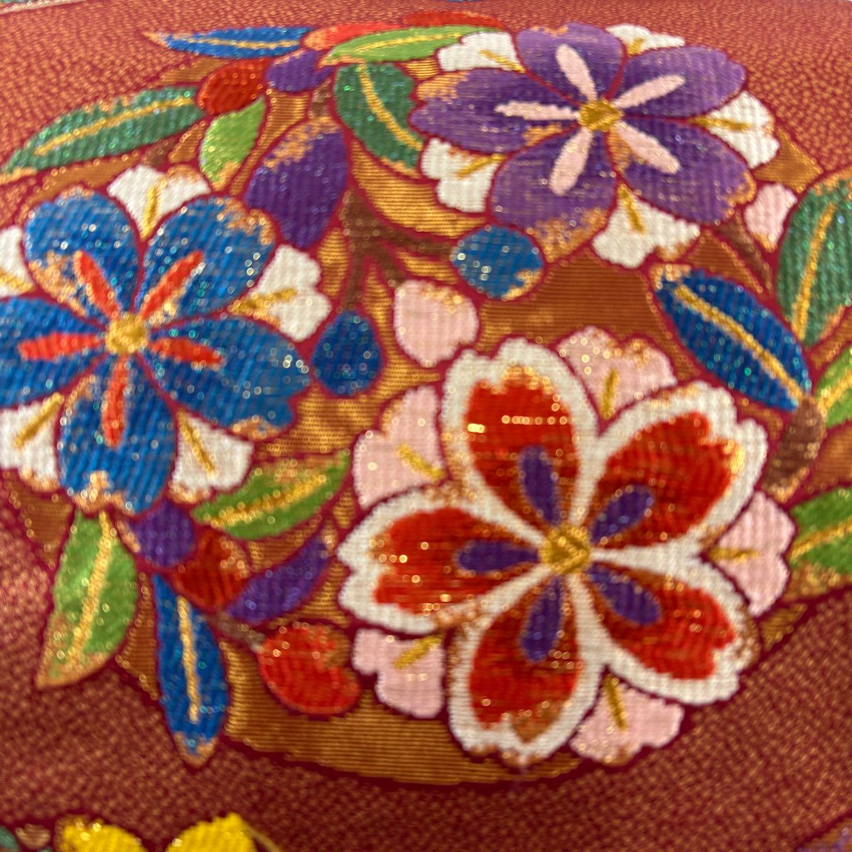 【美品】 袋帶 秀品級 花丸紋 金金箔 紅 六通 純蠶絲