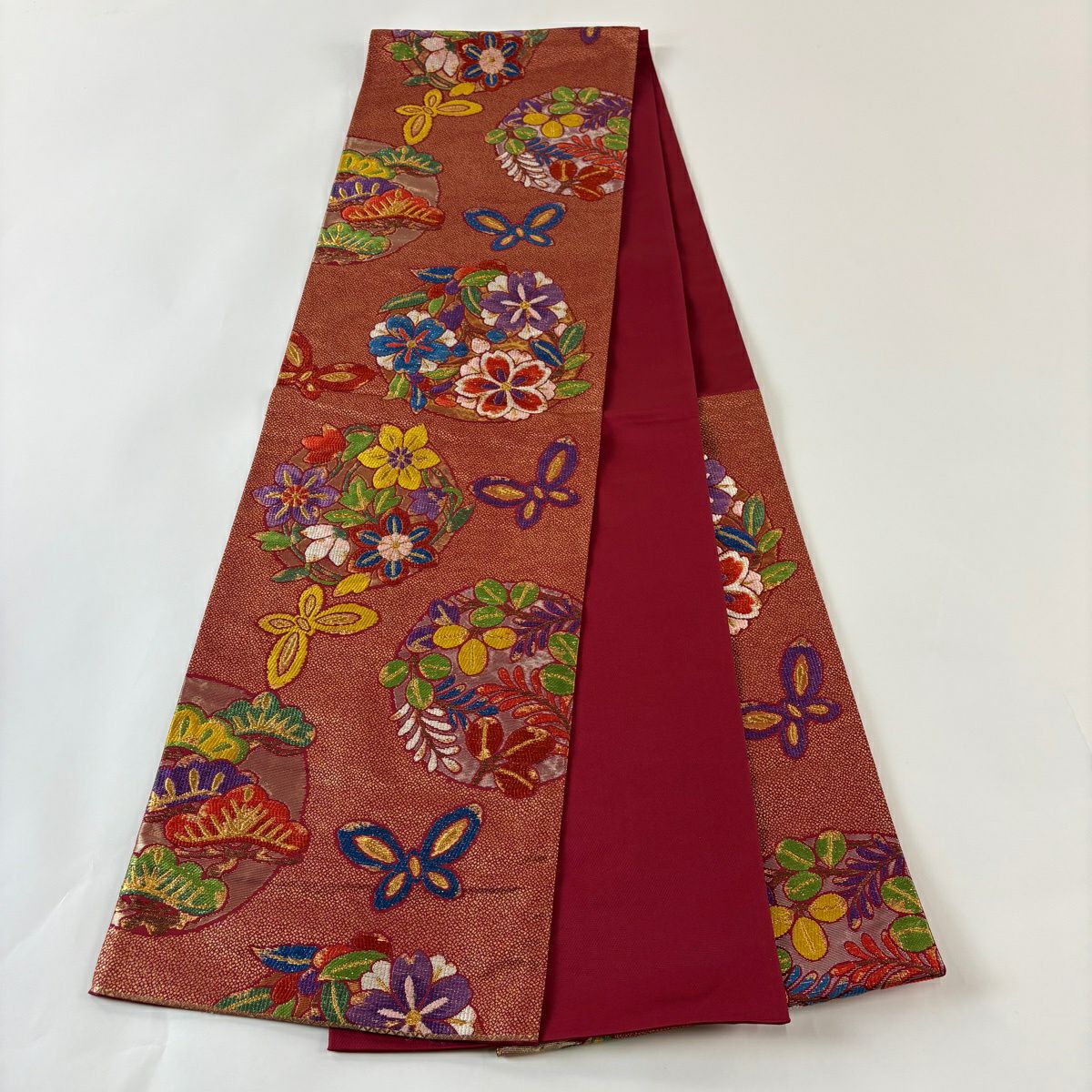 【美品】 袋帶 秀品級 花丸紋 金金箔 紅 六通 純蠶絲