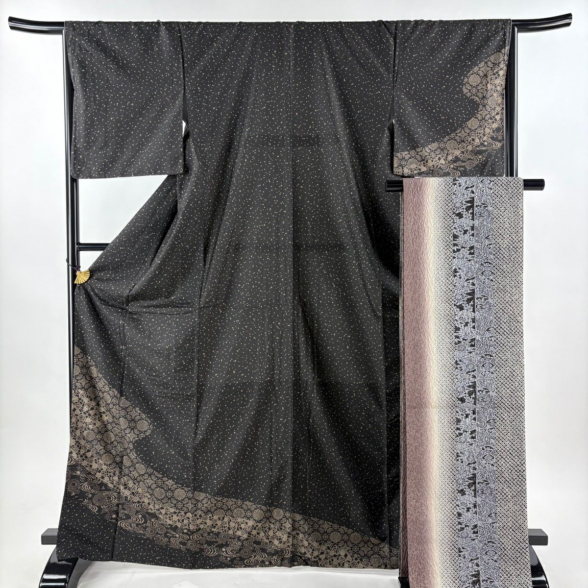 付下 身長168cm 袖長66.5cm M 雙層 袋帶套裝 紬織織 菊花花 流水 墨色 純蠶絲 名品級
