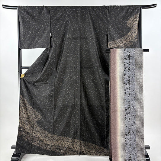 付下 身長168cm 袖長66.5cm M 雙層 袋帶套裝 紬織織 菊花花 流水 墨色 純蠶絲 名品級