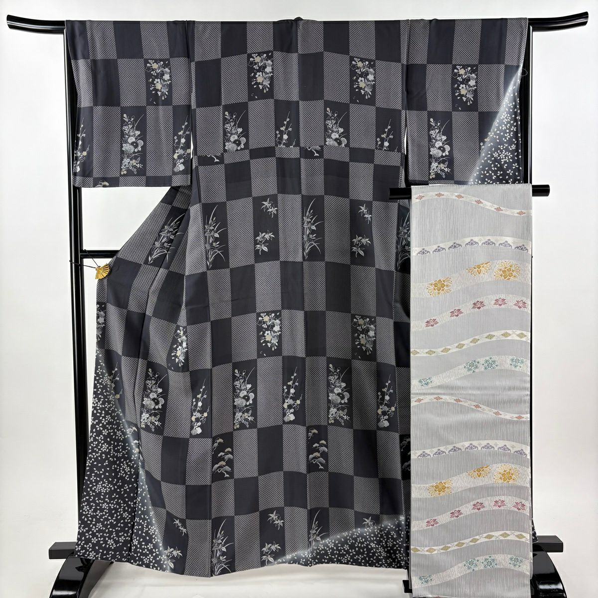 【美品】 付下 身長162cm 袖長67cm M 雙層 袋帶套裝 附落款 櫻花 松樹梅花 漸層 黑灰 純蠶絲 名品級