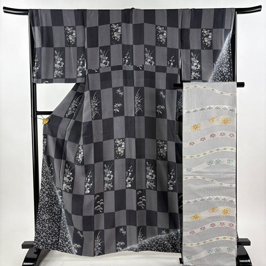 【美品】 付下 身長162cm 袖長67cm M 雙層 袋帶套裝 附落款 櫻花 松樹梅花 漸層 黑灰 純蠶絲 名品級