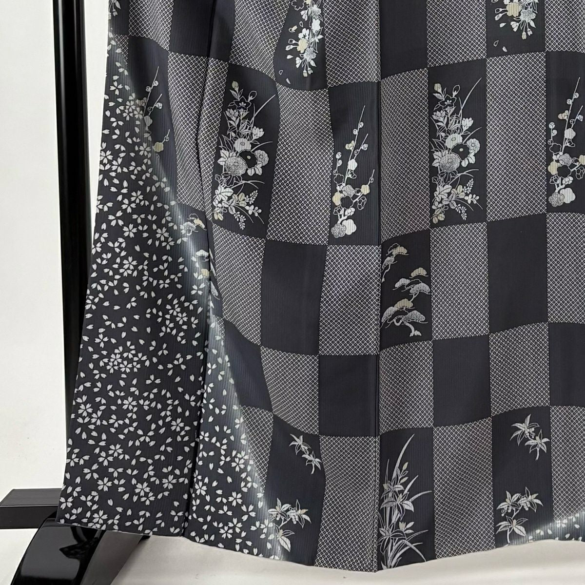 【美品】 付下 身長162cm 袖長67cm M 雙層 袋帶套裝 附落款 櫻花 松樹梅花 漸層 黑灰 純蠶絲 名品級