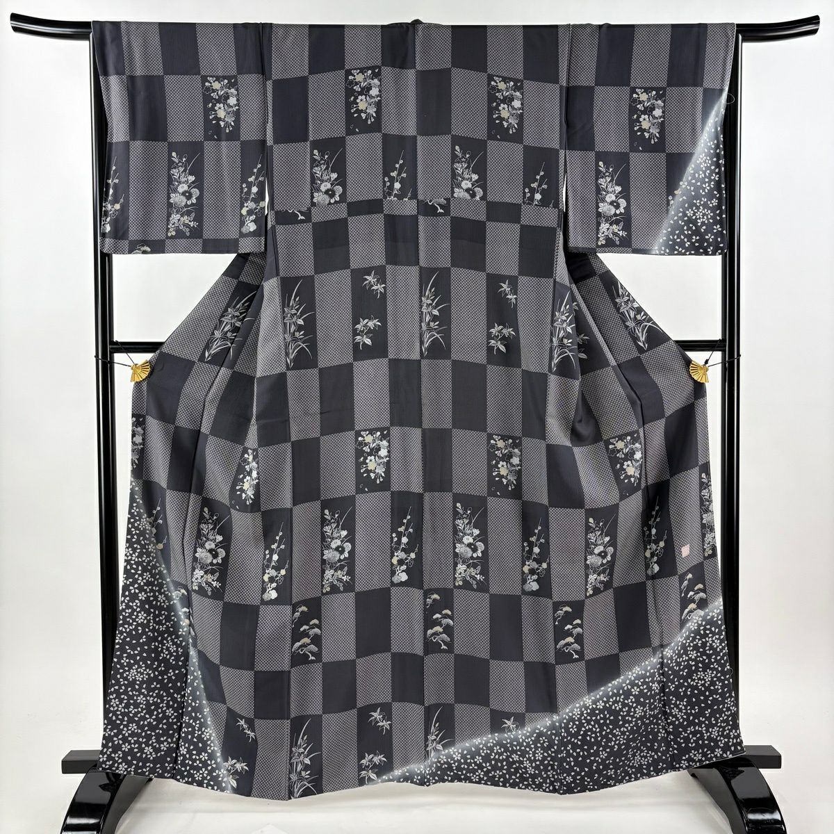 【美品】 付下 身長162cm 袖長67cm M 雙層 袋帶套裝 附落款 櫻花 松樹梅花 漸層 黑灰 純蠶絲 名品級