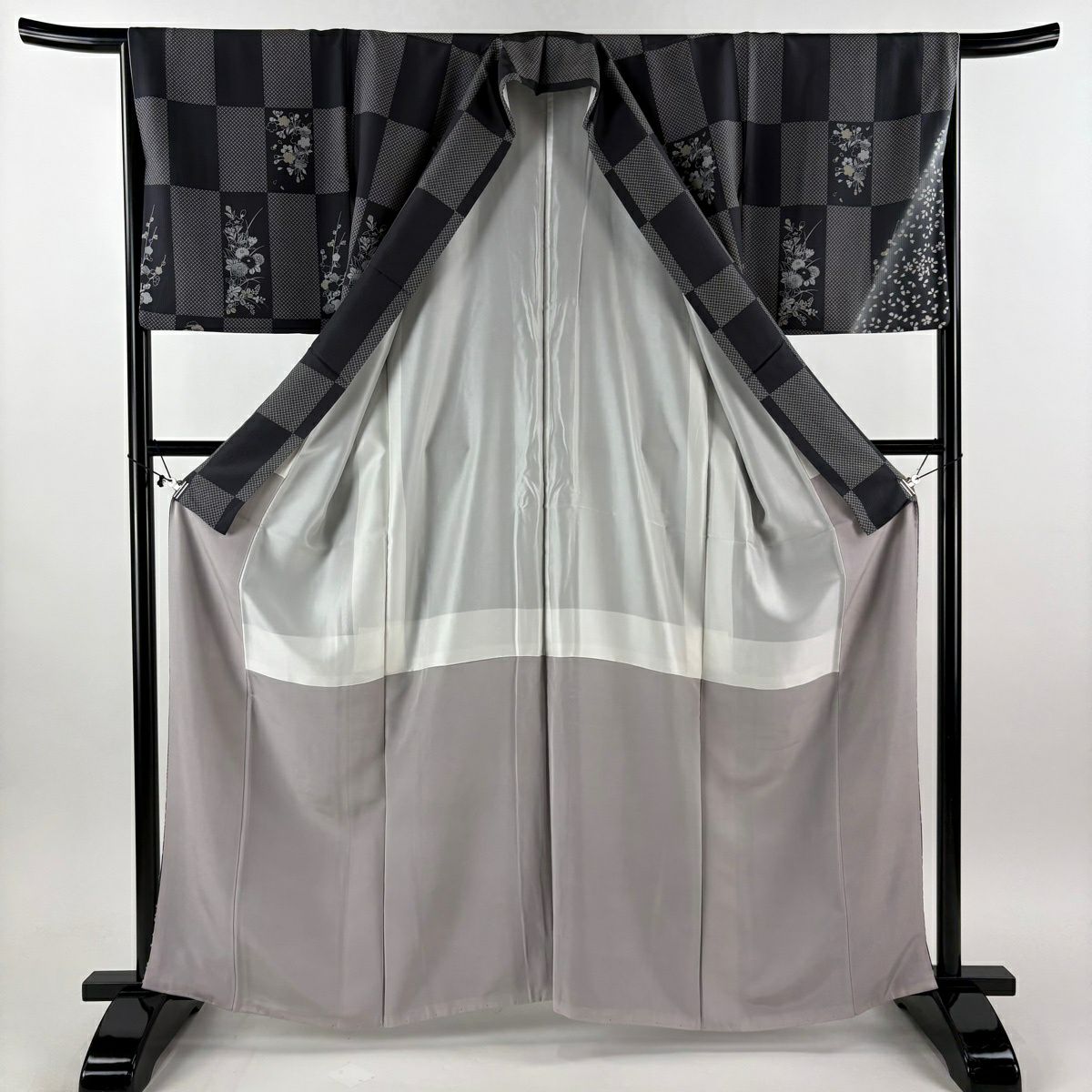 【美品】 付下 身長162cm 袖長67cm M 雙層 袋帶套裝 附落款 櫻花 松樹梅花 漸層 黑灰 純蠶絲 名品級