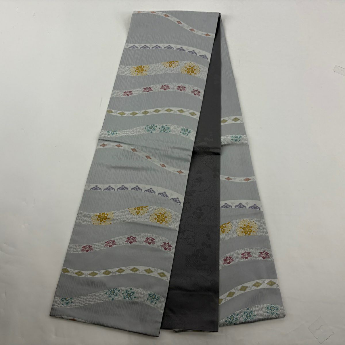 【美品】 付下 身長162cm 袖長67cm M 雙層 袋帶套裝 附落款 櫻花 松樹梅花 漸層 黑灰 純蠶絲 名品級