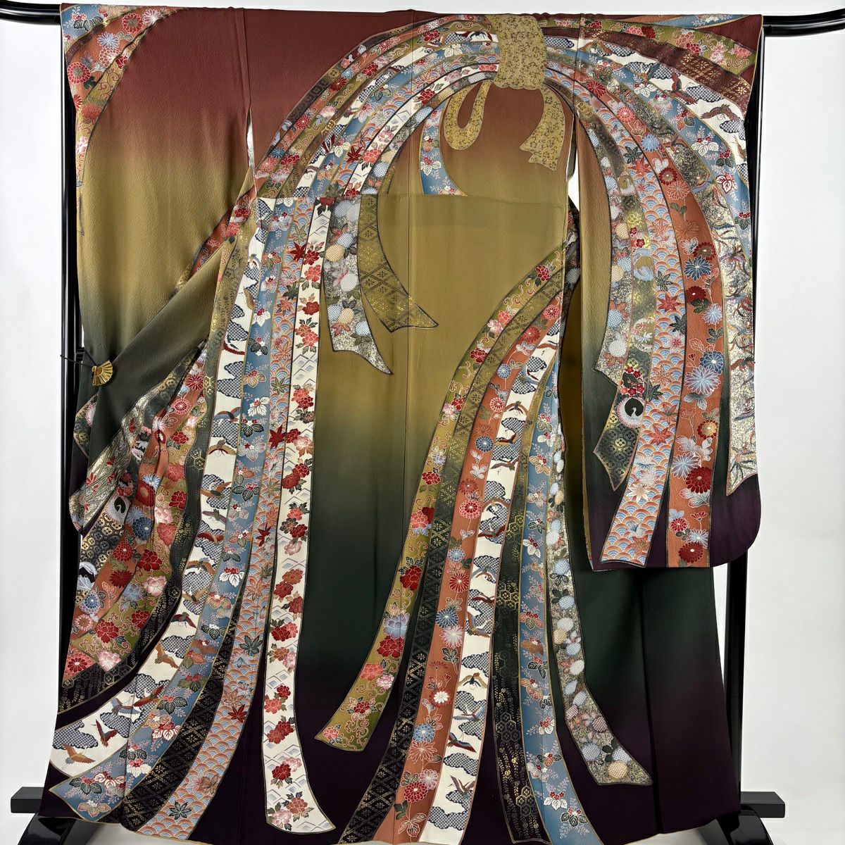 振袖禮服 身長163cm 袖長66cm M 雙層 花唐草紋 仙鶴 金銀彩 染分 茶綠 純蠶絲 秀品級