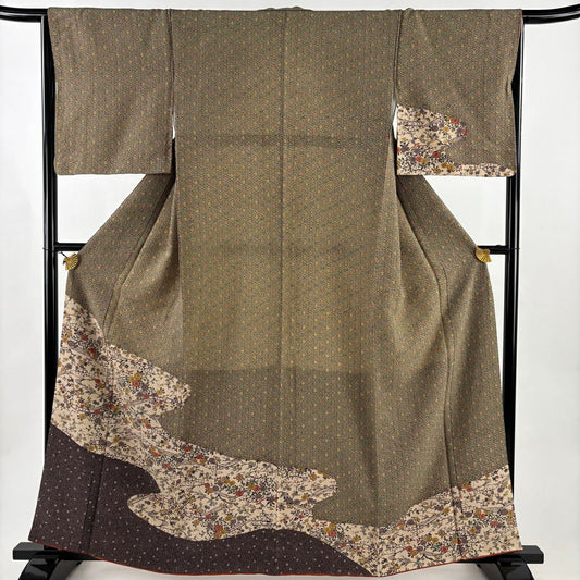 【美品】 付下 身長162cm 袖長65cm M 雙層 菊花 波頭 絞織 灰綠 純蠶絲 優品級