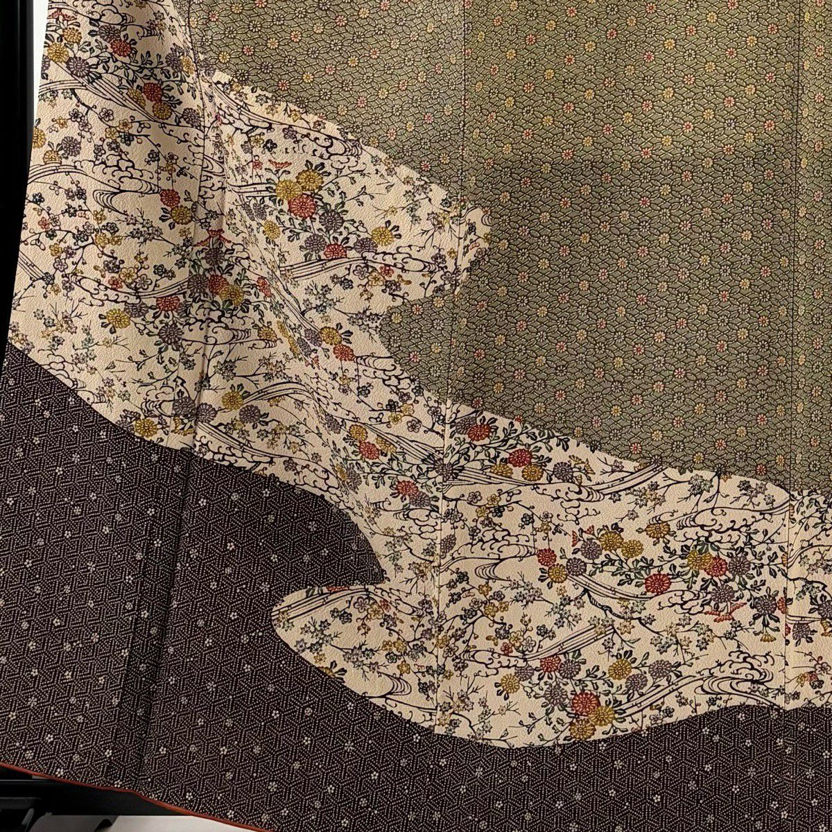 【美品】 付下 身長162cm 袖長65cm M 雙層 菊花 波頭 絞織 灰綠 純蠶絲 優品級