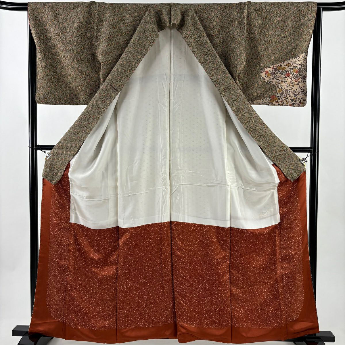 【美品】 付下 身長162cm 袖長65cm M 雙層 菊花 波頭 絞織 灰綠 純蠶絲 優品級