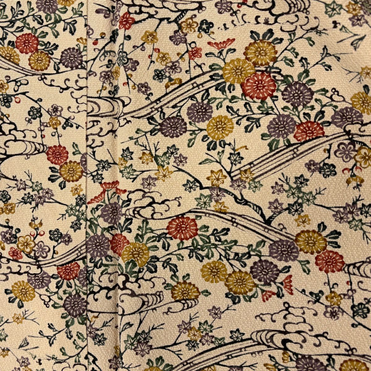 【美品】 付下 身長162cm 袖長65cm M 雙層 菊花 波頭 絞織 灰綠 純蠶絲 優品級