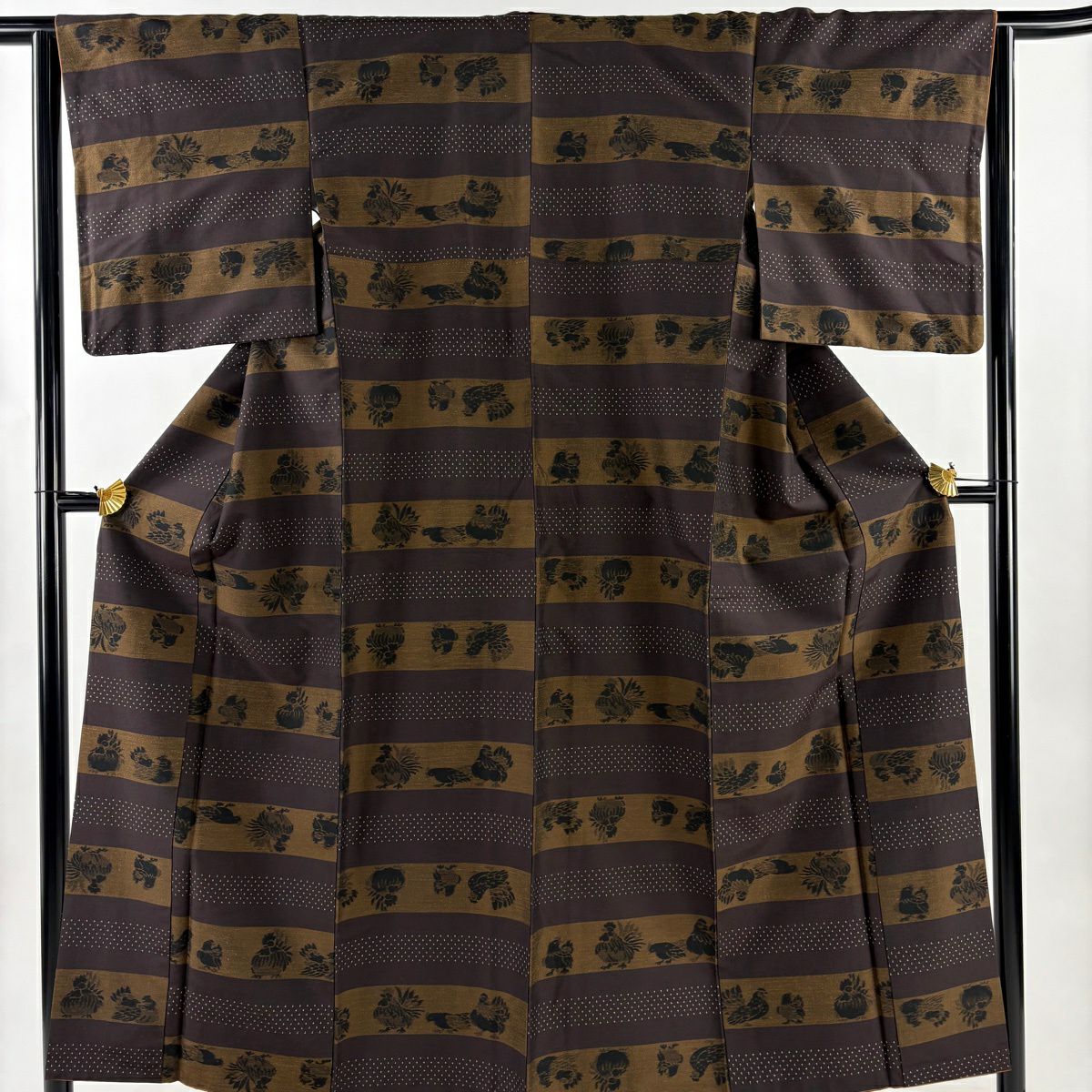【美品】 紬織 身長154cm 袖長64cm M 雙層 鳥 段紋 焦茶 純蠶絲 秀品級