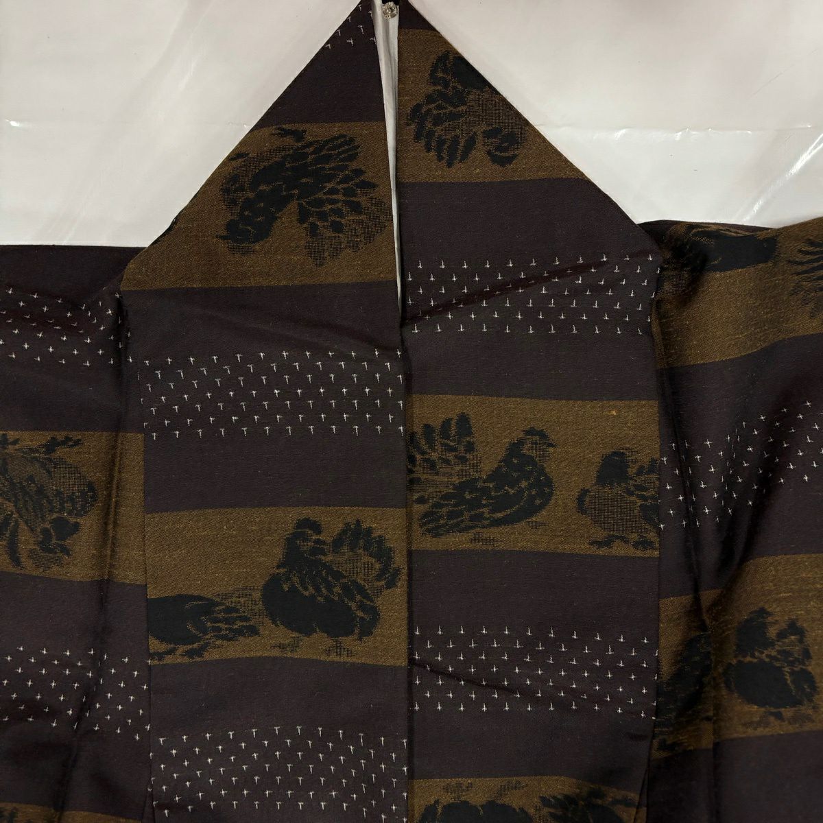 【美品】 紬織 身長154cm 袖長64cm M 雙層 鳥 段紋 焦茶 純蠶絲 秀品級