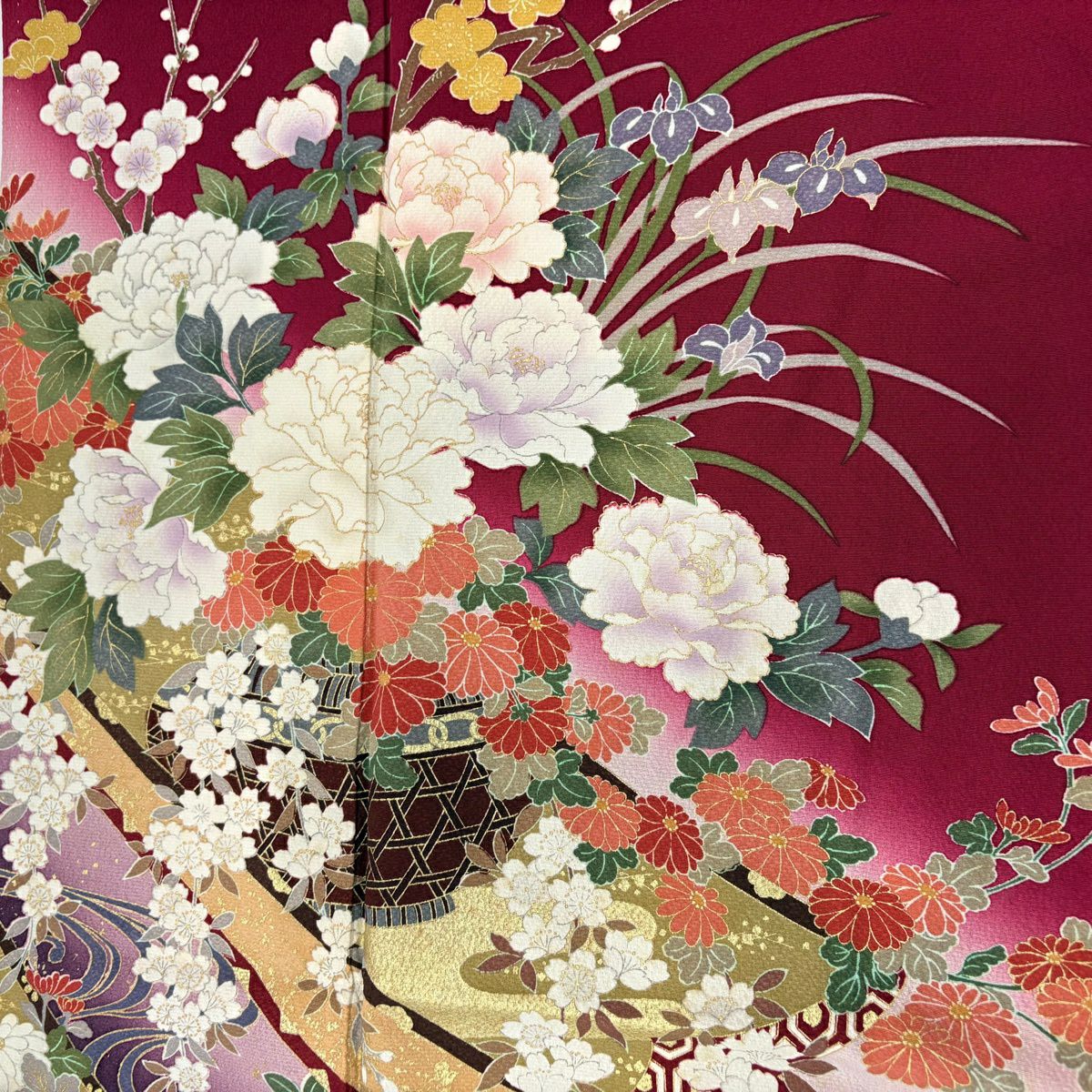 振袖禮服 身長160cm 袖長67cm M 雙層 花器 流水 金彩裝飾 染分 玫瑰紅 純蠶絲 優品級