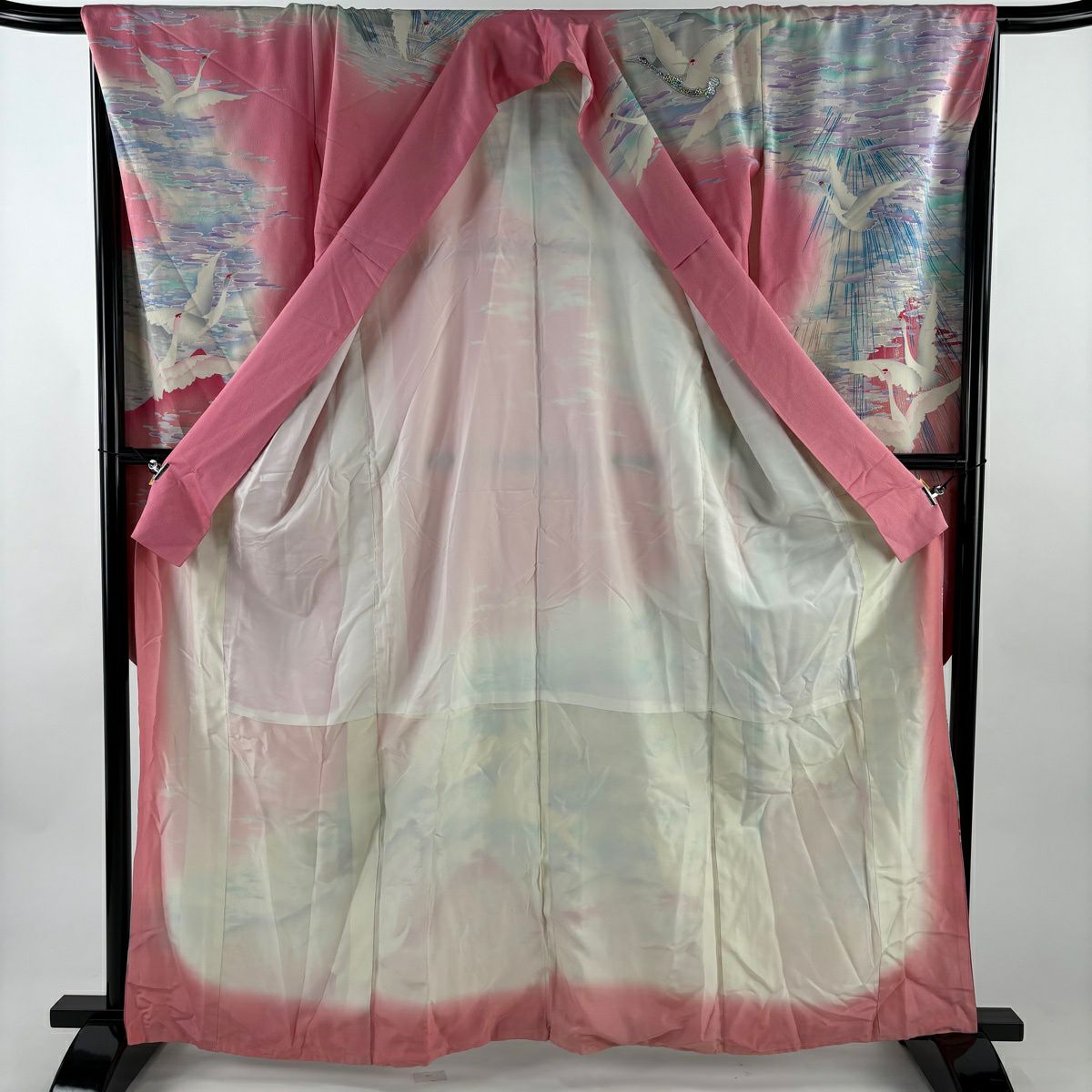 振袖禮服 身長161.5cm 袖長67cm M 雙層 仙鶴 霞 金銀絲 金銀彩 粉紅 純蠶絲 優品級