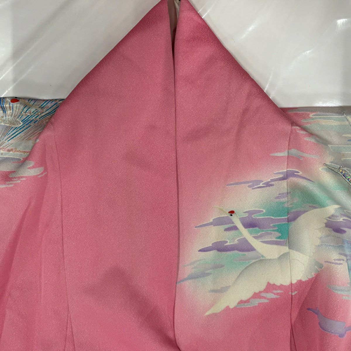 振袖禮服 身長161.5cm 袖長67cm M 雙層 仙鶴 霞 金銀絲 金銀彩 粉紅 純蠶絲 優品級