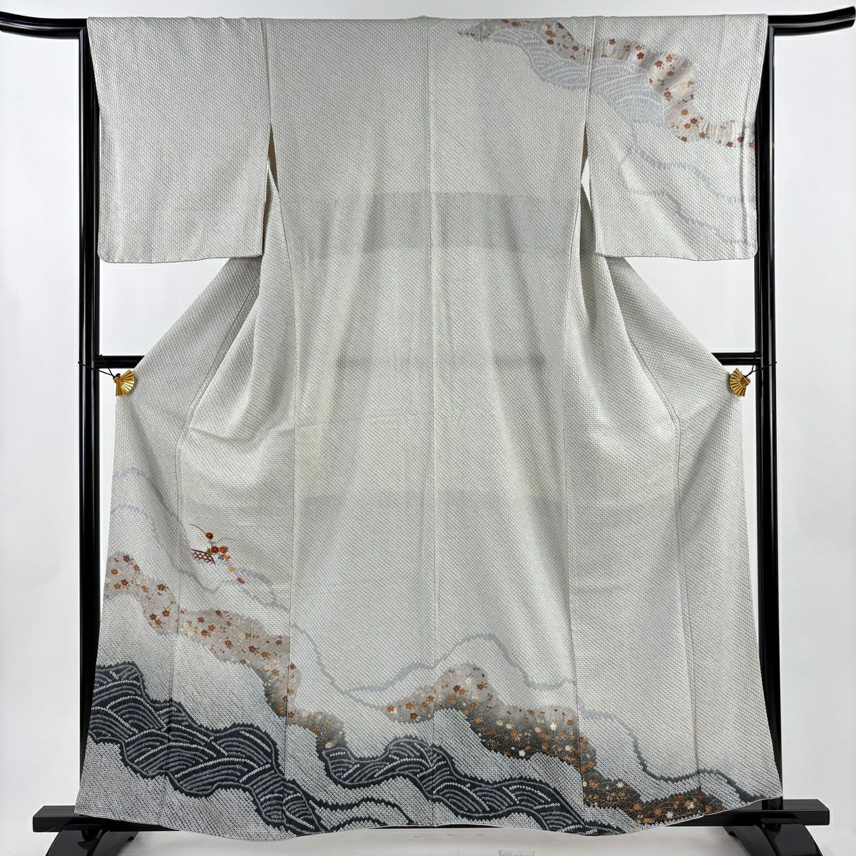訪問服 身長159.5cm 袖長64.5cm M 雙層 菊花 波 刺繡 絞染 灰 純蠶絲 秀品級