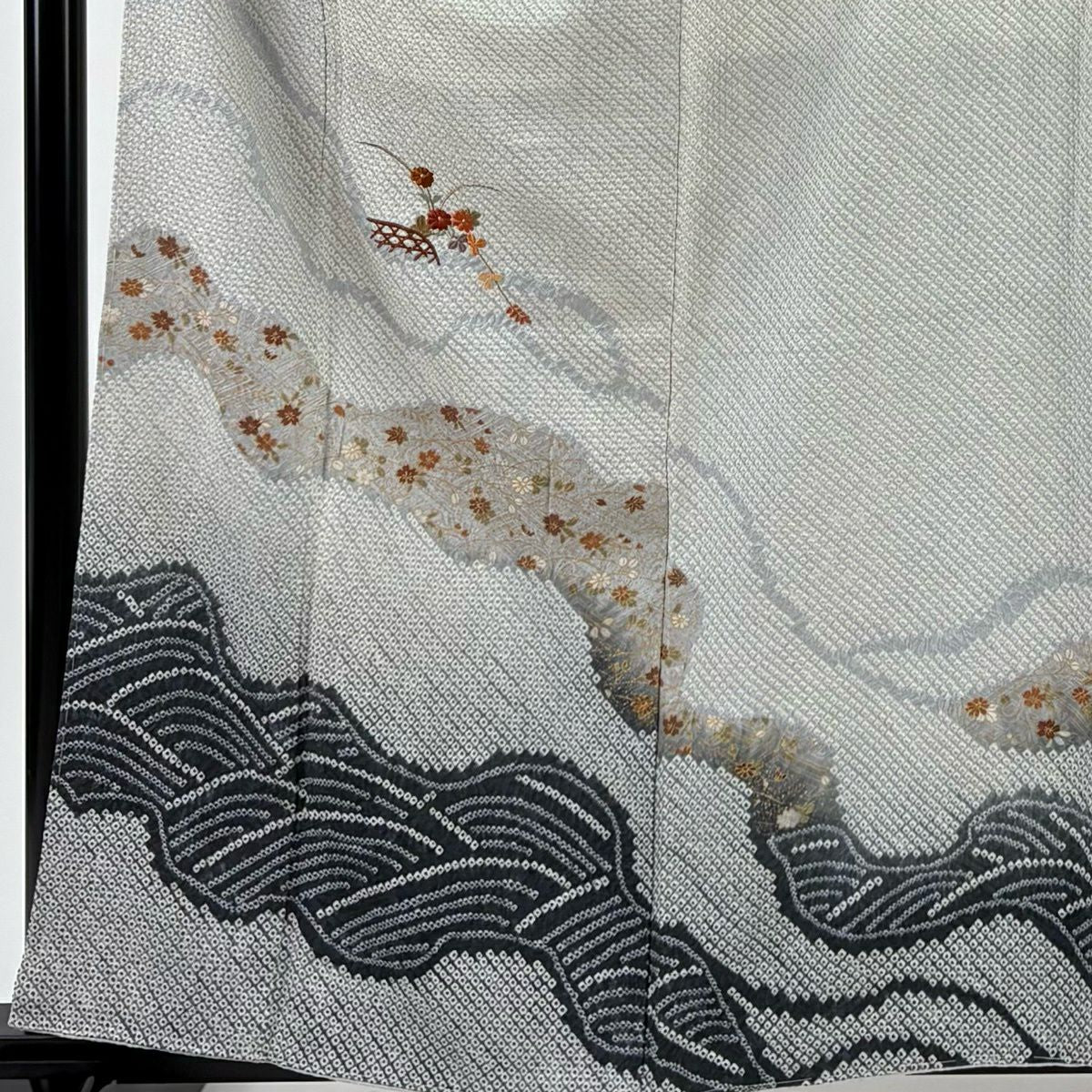 訪問服 身長159.5cm 袖長64.5cm M 雙層 菊花 波 刺繡 絞染 灰 純蠶絲 秀品級