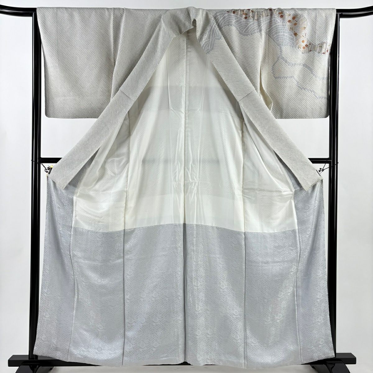 訪問服 身長159.5cm 袖長64.5cm M 雙層 菊花 波 刺繡 絞染 灰 純蠶絲 秀品級