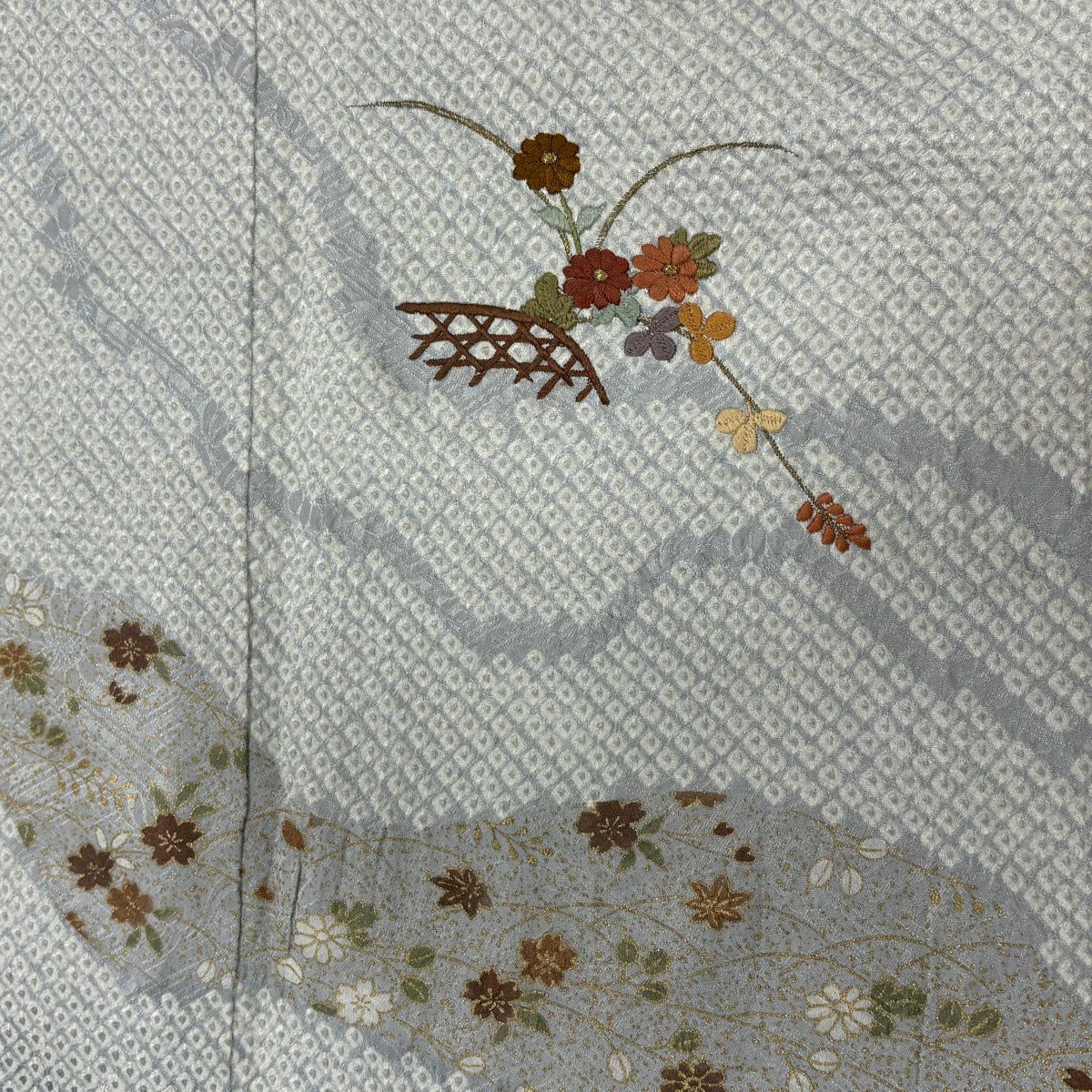 訪問服 身長159.5cm 袖長64.5cm M 雙層 菊花 波 刺繡 絞染 灰 純蠶絲 秀品級