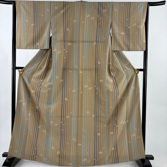 【美品】 小紋 身長166cm 袖長64.5cm M 雙層 撫松樹庵 可洗和服 櫻花 細條 薄茶 化纖 秀品級