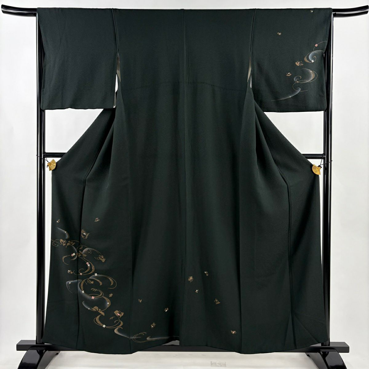 付下 身長158cm 袖長66cm M 雙層 草花紋幾何圖案 金銀彩 漸層 深綠 純蠶絲 優品級