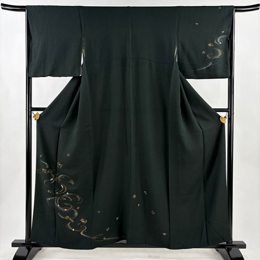 付下 身長158cm 袖長66cm M 雙層 草花紋幾何圖案 金銀彩 漸層 深綠 純蠶絲 優品級