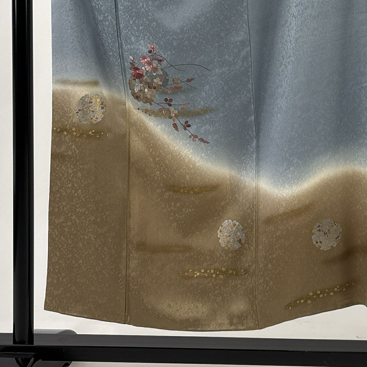 訪問服 身長152.5cm 袖長63cm S 雙層 雪輪 菊花 金銀彩 刺繡 青灰色 純蠶絲 秀品級