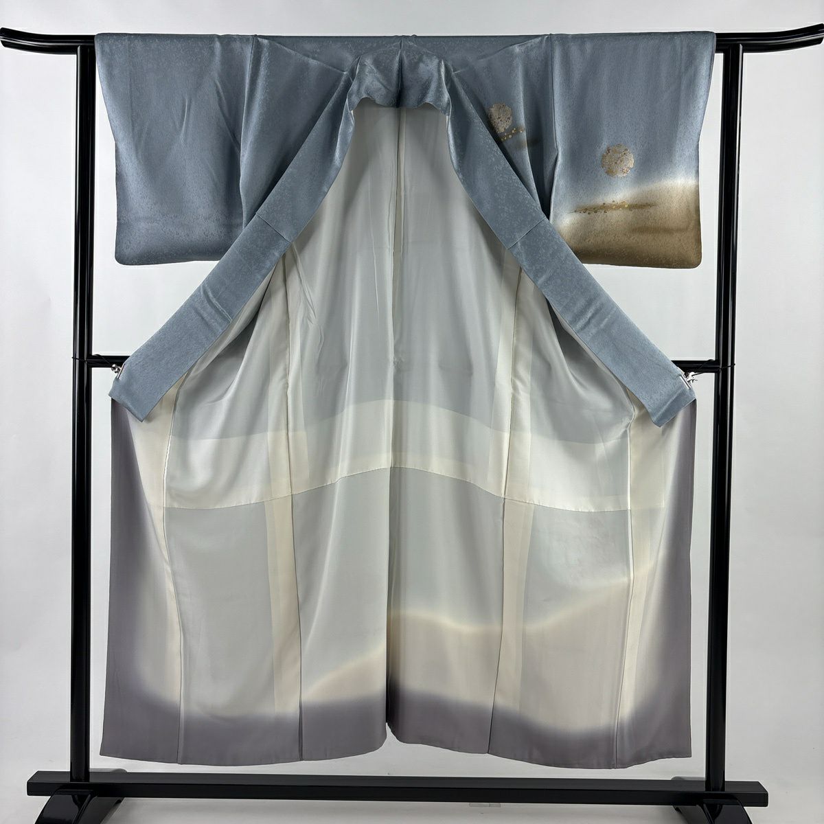 訪問服 身長152.5cm 袖長63cm S 雙層 雪輪 菊花 金銀彩 刺繡 青灰色 純蠶絲 秀品級
