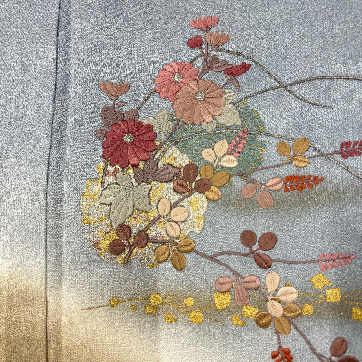 訪問服 身長152.5cm 袖長63cm S 雙層 雪輪 菊花 金銀彩 刺繡 青灰色 純蠶絲 秀品級