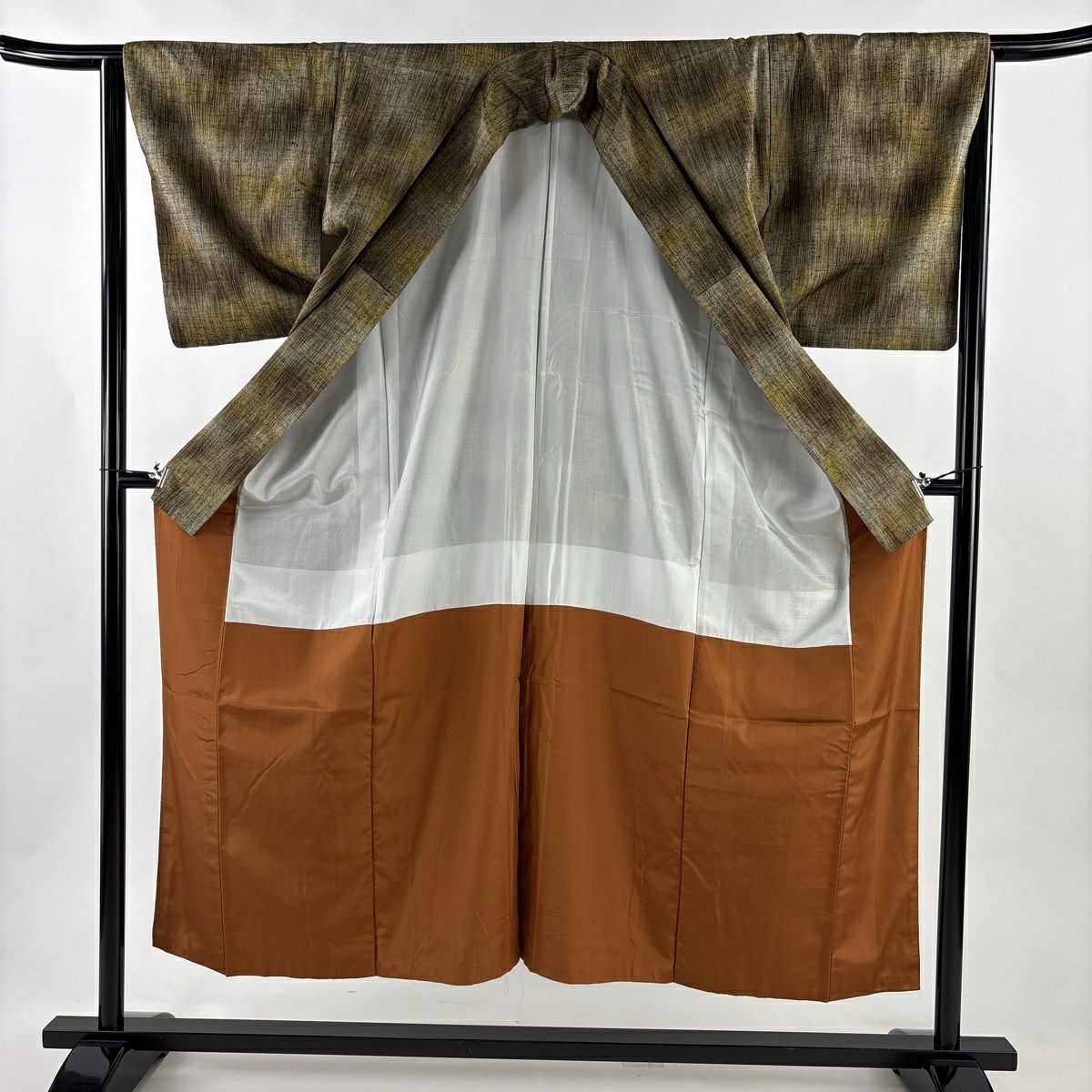 【美品】 紬織 身長151.5cm 袖長65cm M 雙層 條紋 幾何圖案 灰茶 純蠶絲 優品級