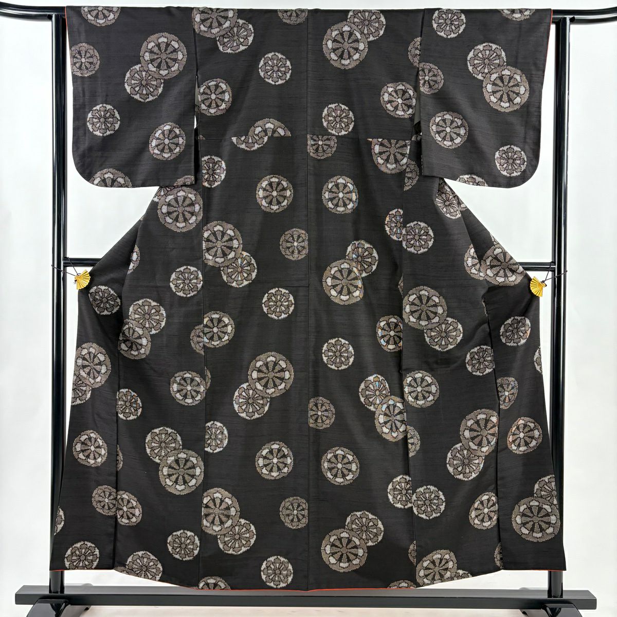 【美品】 紬織 身長157.5cm 袖長62cm S 雙層 源氏車 墨 黑 純蠶絲 秀品級