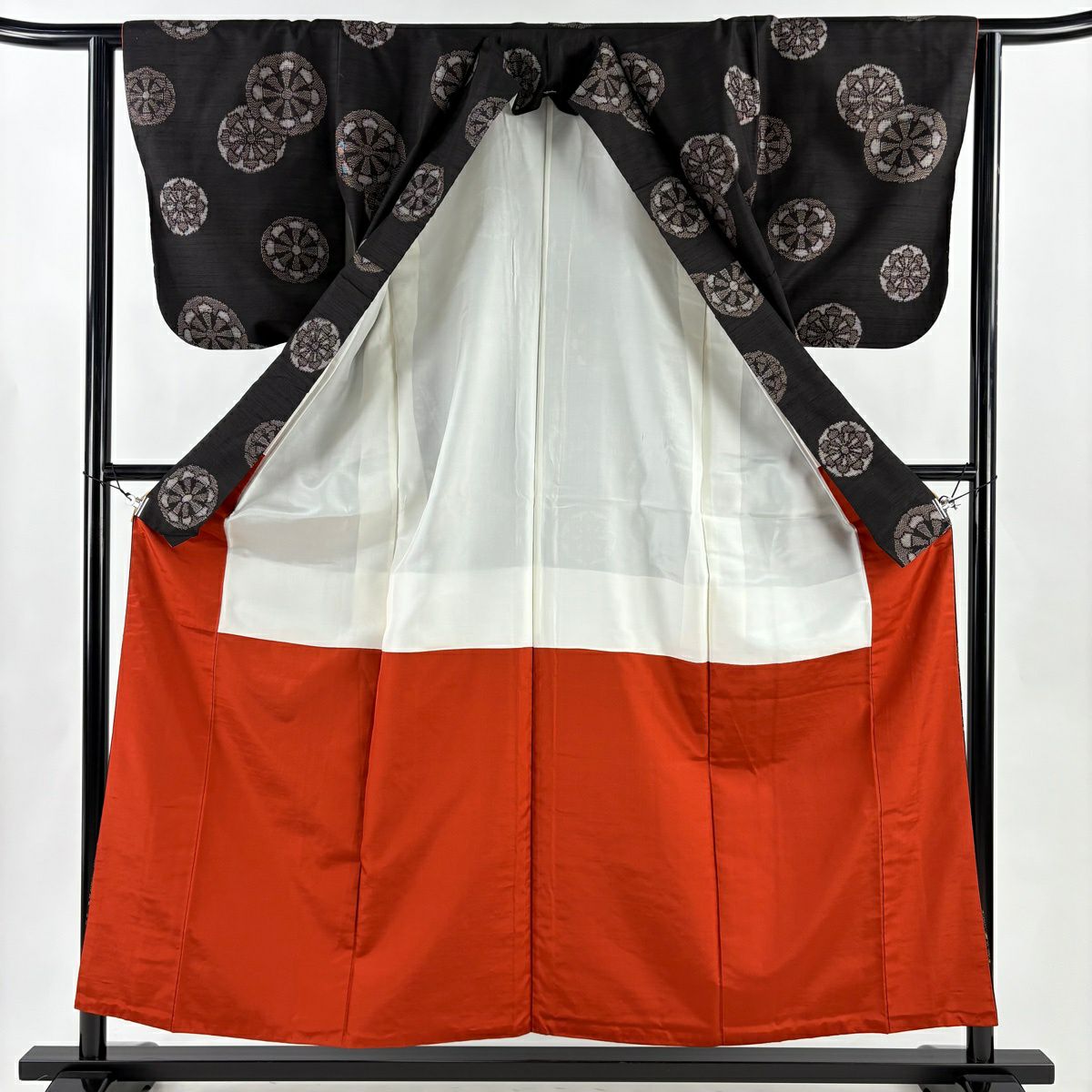【美品】 紬織 身長157.5cm 袖長62cm S 雙層 源氏車 墨 黑 純蠶絲 秀品級