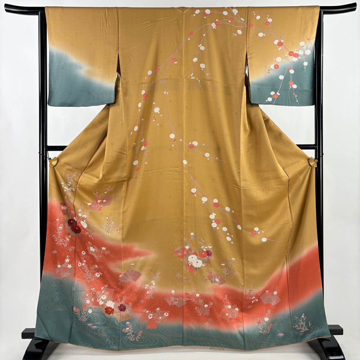 【美品】訪問服 身長166cm 袖長65cm M 雙層 扇子面 菊花 金銀彩 染分 山吹茶 純蠶絲 秀品級