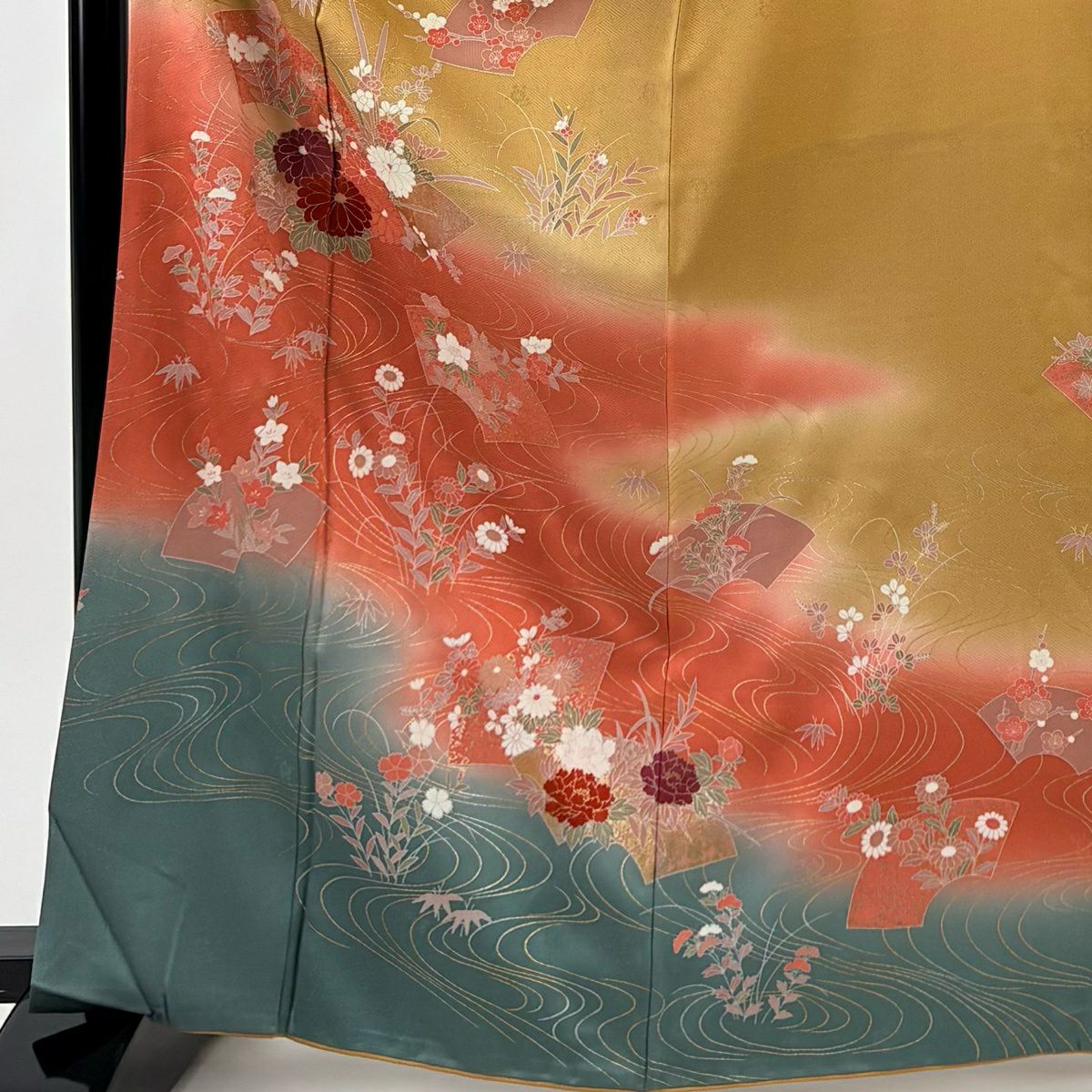 【美品】訪問服 身長166cm 袖長65cm M 雙層 扇子面 菊花 金銀彩 染分 山吹茶 純蠶絲 秀品級