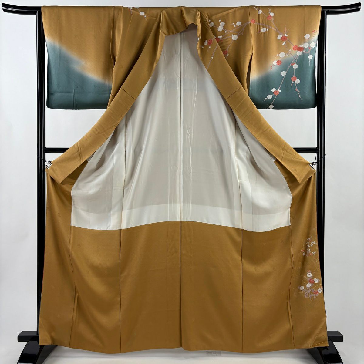 【美品】訪問服 身長166cm 袖長65cm M 雙層 扇子面 菊花 金銀彩 染分 山吹茶 純蠶絲 秀品級