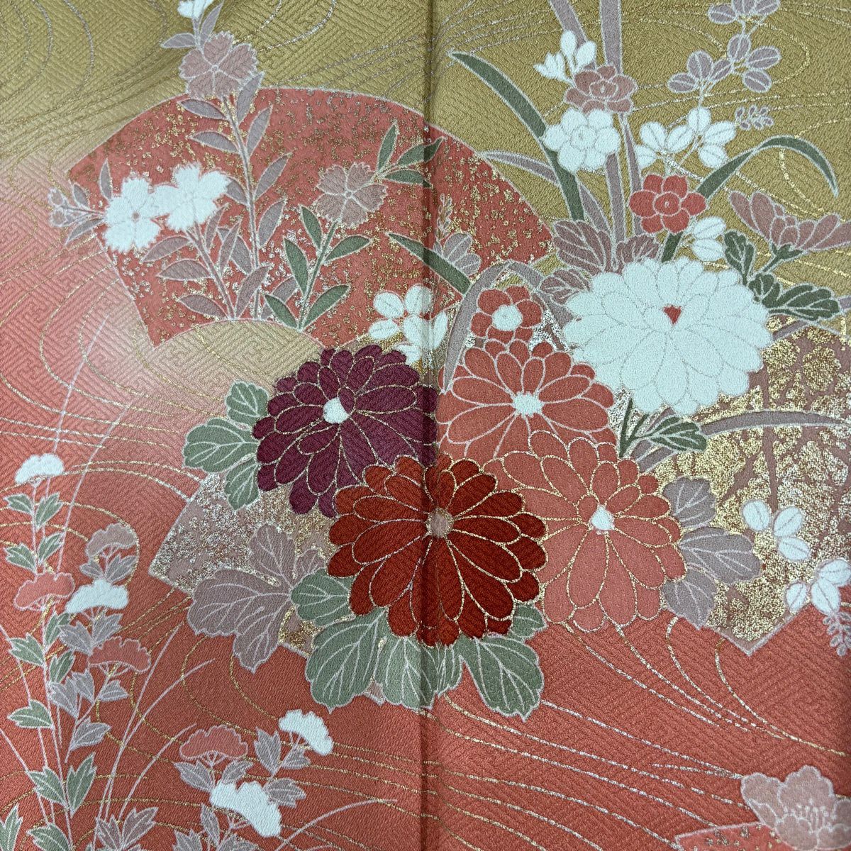 【美品】訪問服 身長166cm 袖長65cm M 雙層 扇子面 菊花 金銀彩 染分 山吹茶 純蠶絲 秀品級
