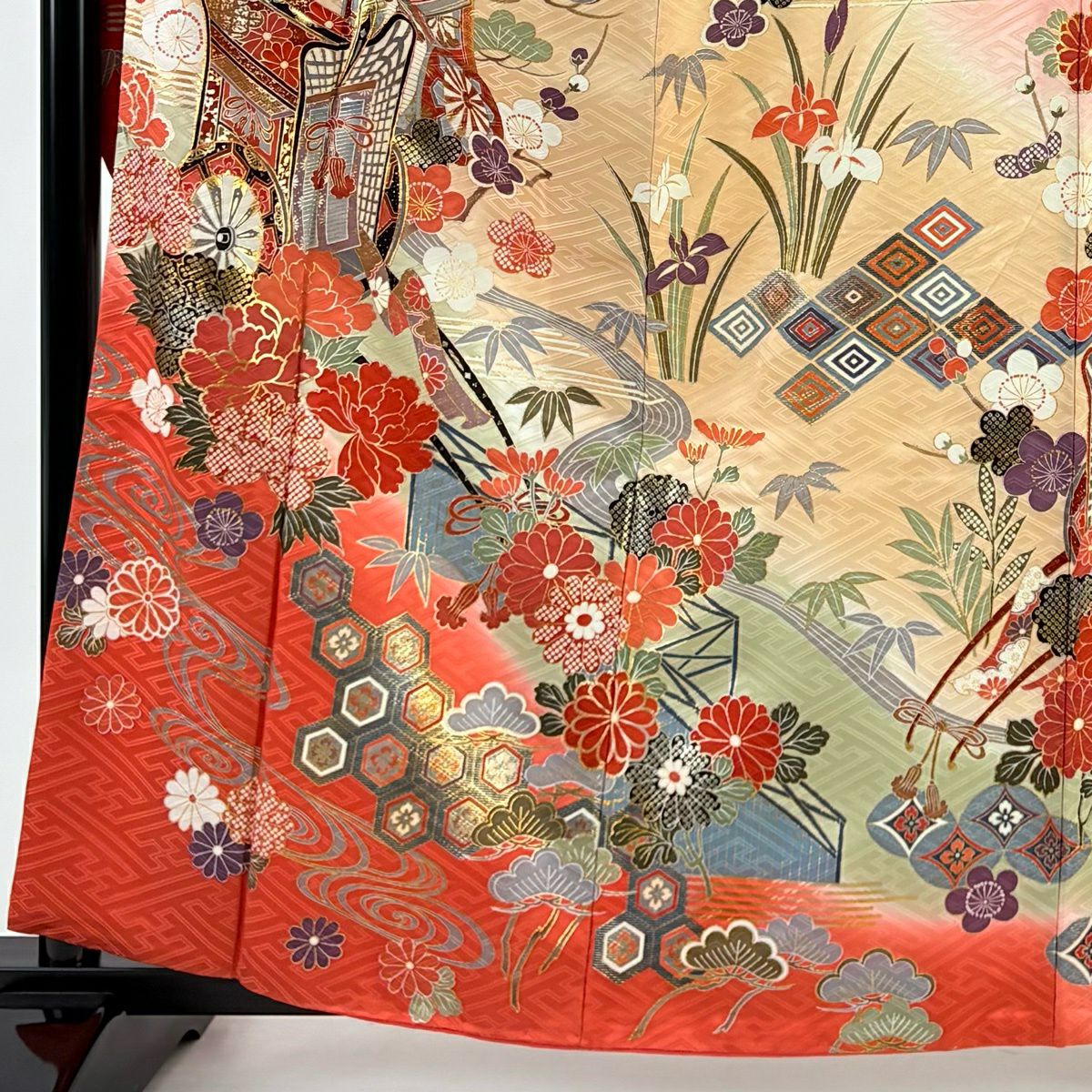 振袖禮服 身長161.5cm 袖長65.5cm M 雙層 御所車 松樹竹子梅花 金糸 金銀彩 淺粉色 純蠶絲 優品級