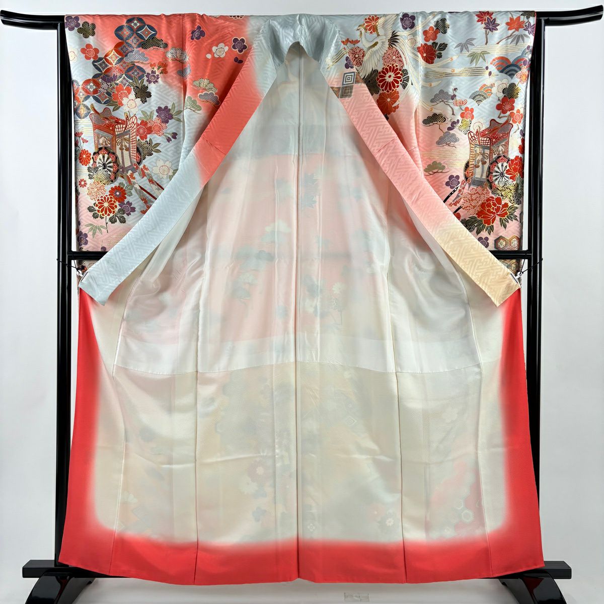 振袖禮服 身長161.5cm 袖長65.5cm M 雙層 御所車 松樹竹子梅花 金糸 金銀彩 淺粉色 純蠶絲 優品級