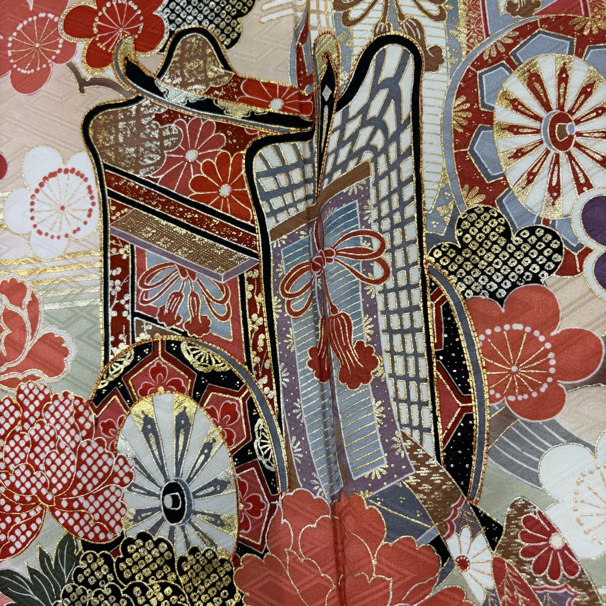 振袖禮服 身長161.5cm 袖長65.5cm M 雙層 御所車 松樹竹子梅花 金糸 金銀彩 淺粉色 純蠶絲 優品級