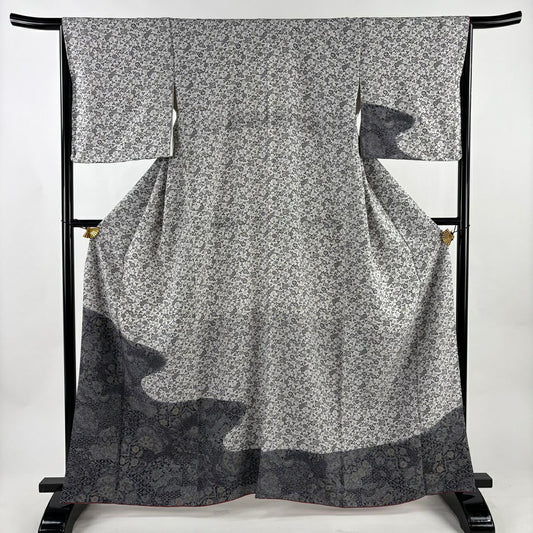 【美品】 付下 身長164cm 袖長65.5cm M 雙層 草花紋紋 七寶紋 金銀彩 灰色 純蠶絲 秀品級