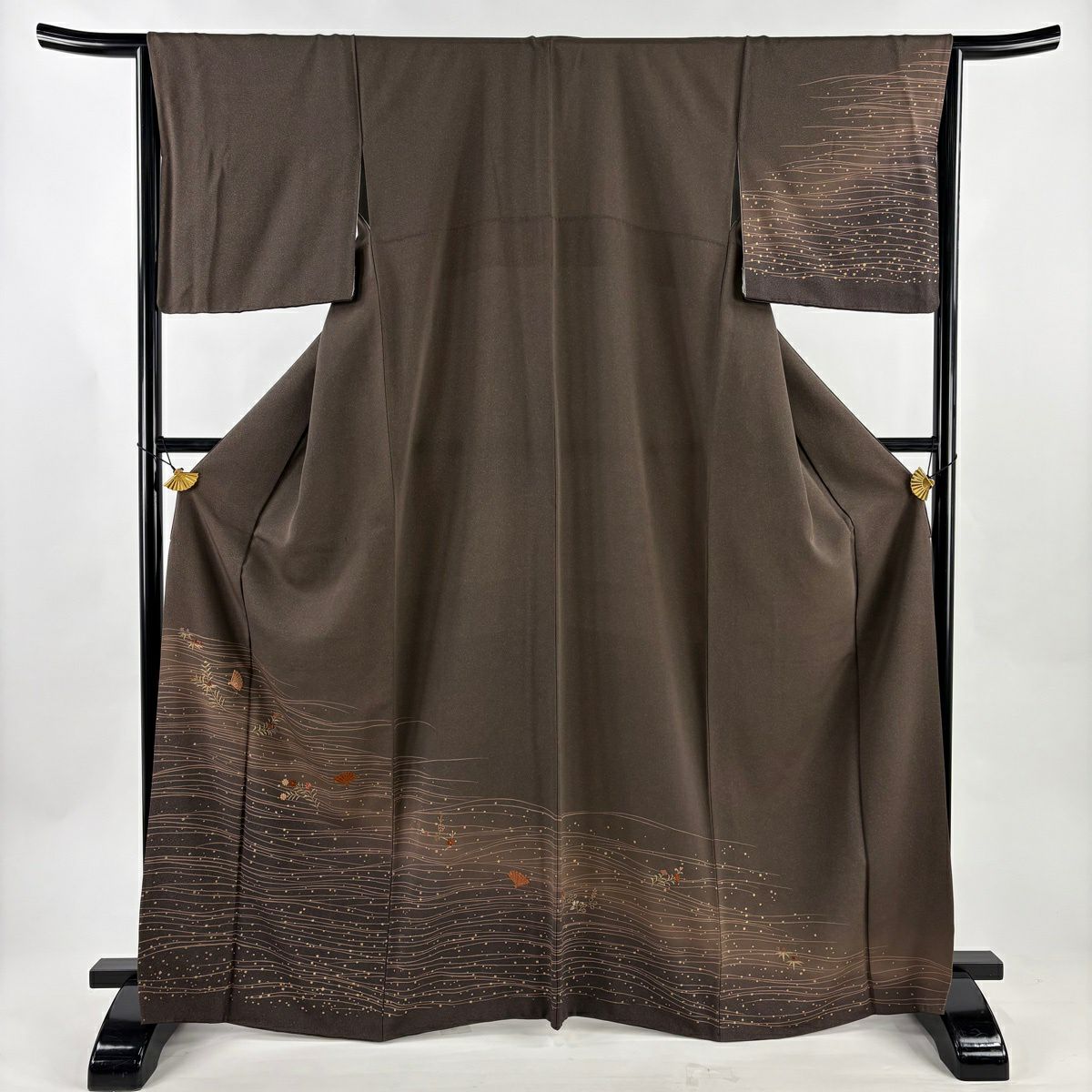 付下 身長167.5cm 袖長65.5cm M 雙層 檜扇子 草花紋紋 刺繡 金糸 焦茶 純蠶絲 秀品級